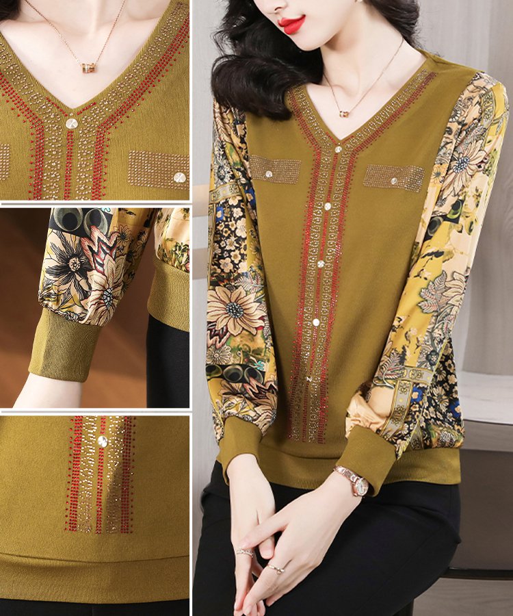 Top elegante con scollo a V impreziosito da strass per l'autunno
