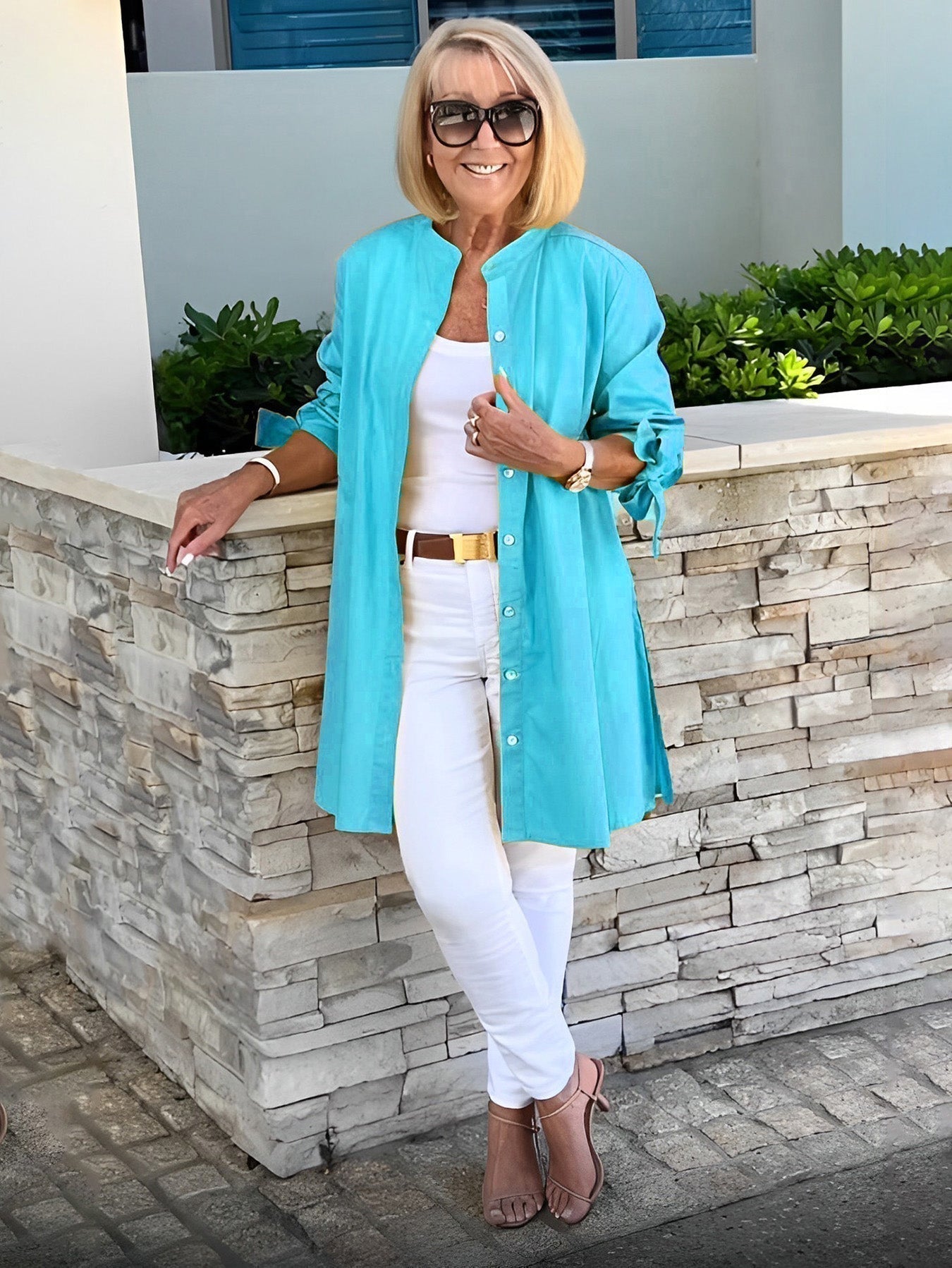 Giacca camicia da donna lunga in cotone tinta unita