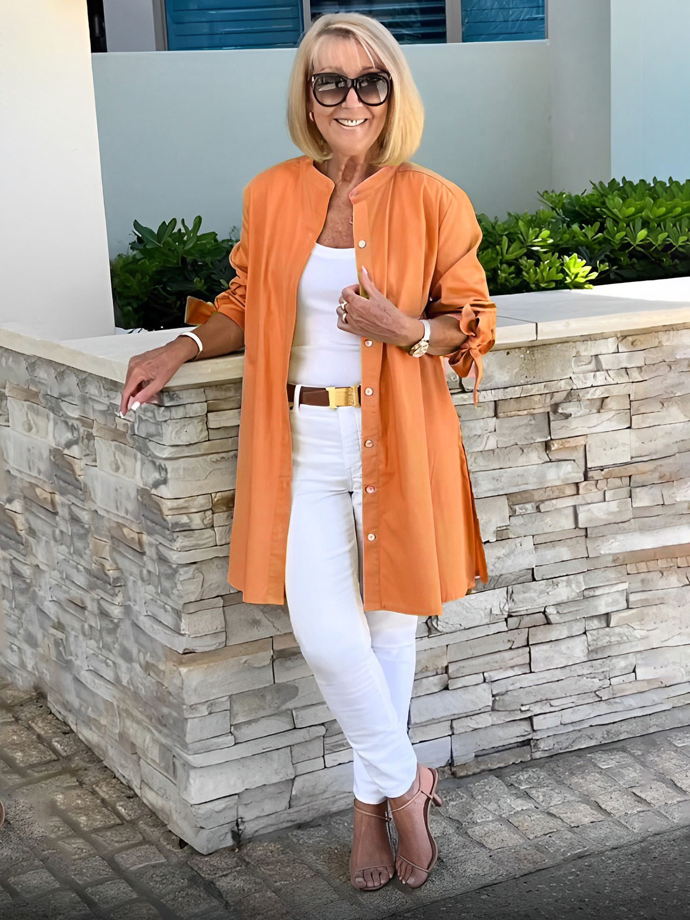 Giacca camicia da donna lunga in cotone tinta unita