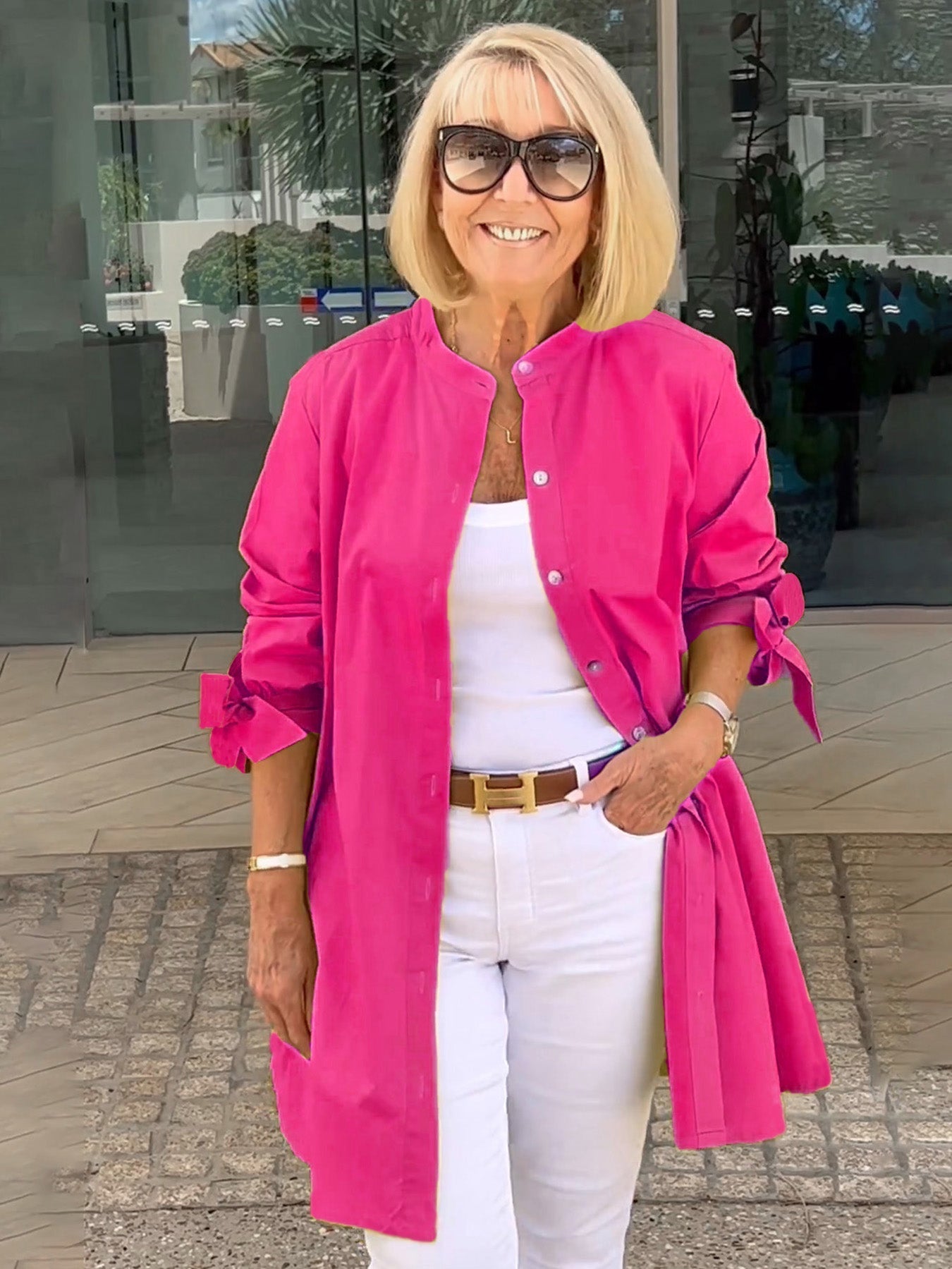 Giacca camicia da donna lunga in cotone tinta unita