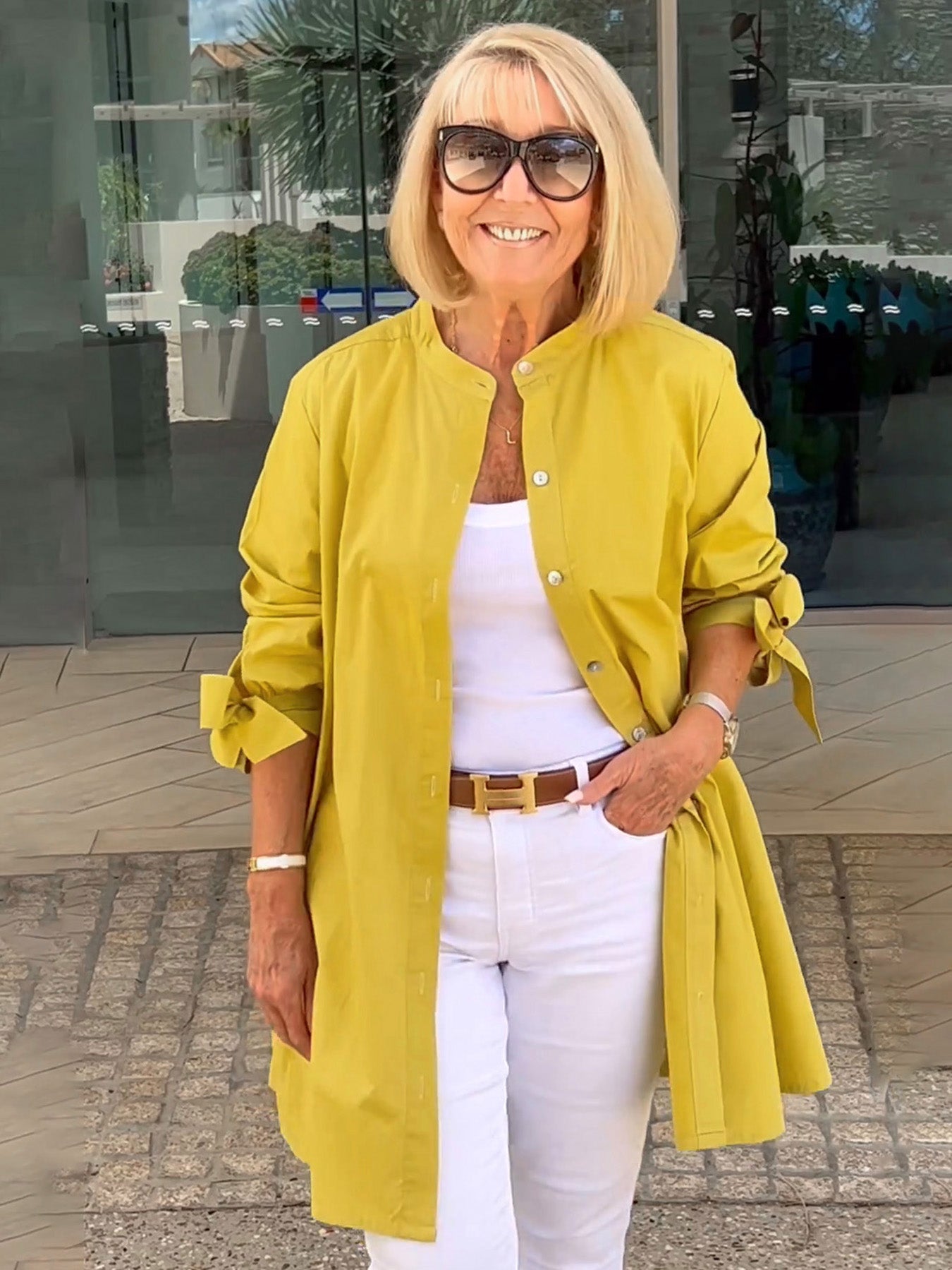 Giacca camicia da donna lunga in cotone tinta unita