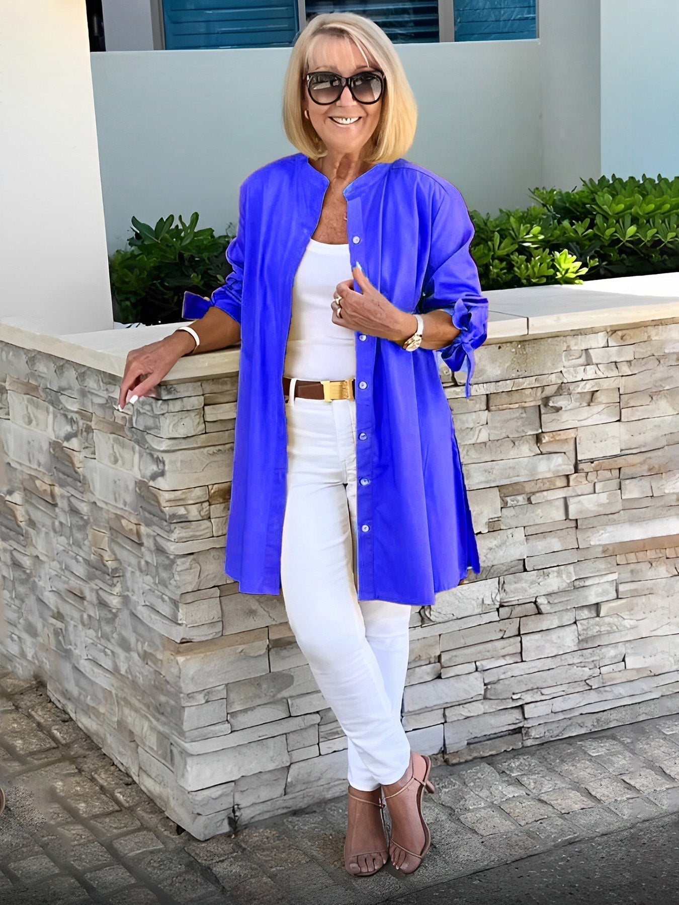 Giacca camicia da donna lunga in cotone tinta unita