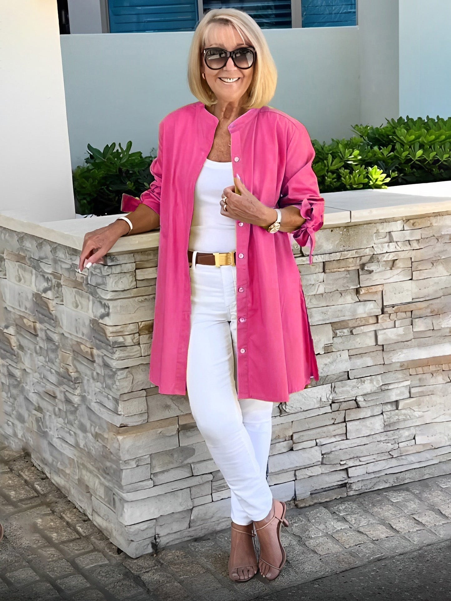 Giacca camicia da donna lunga in cotone tinta unita