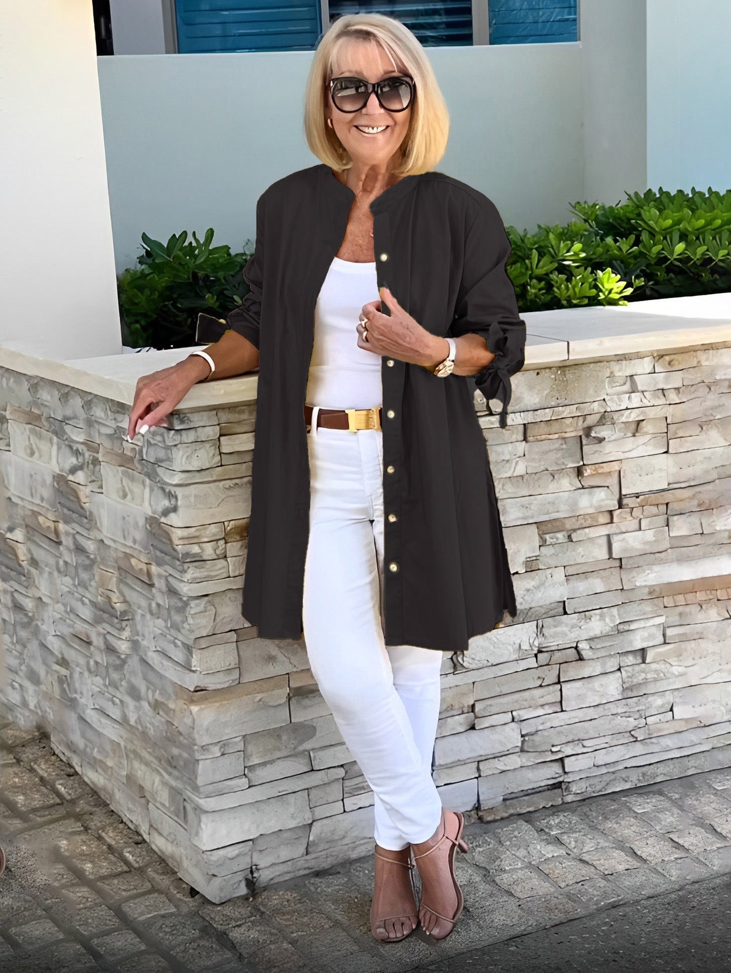 Giacca camicia da donna lunga in cotone tinta unita