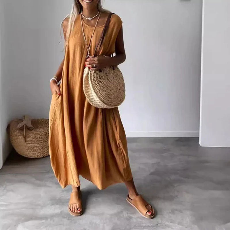 Abito casual senza maniche in cotone e lino con tasca