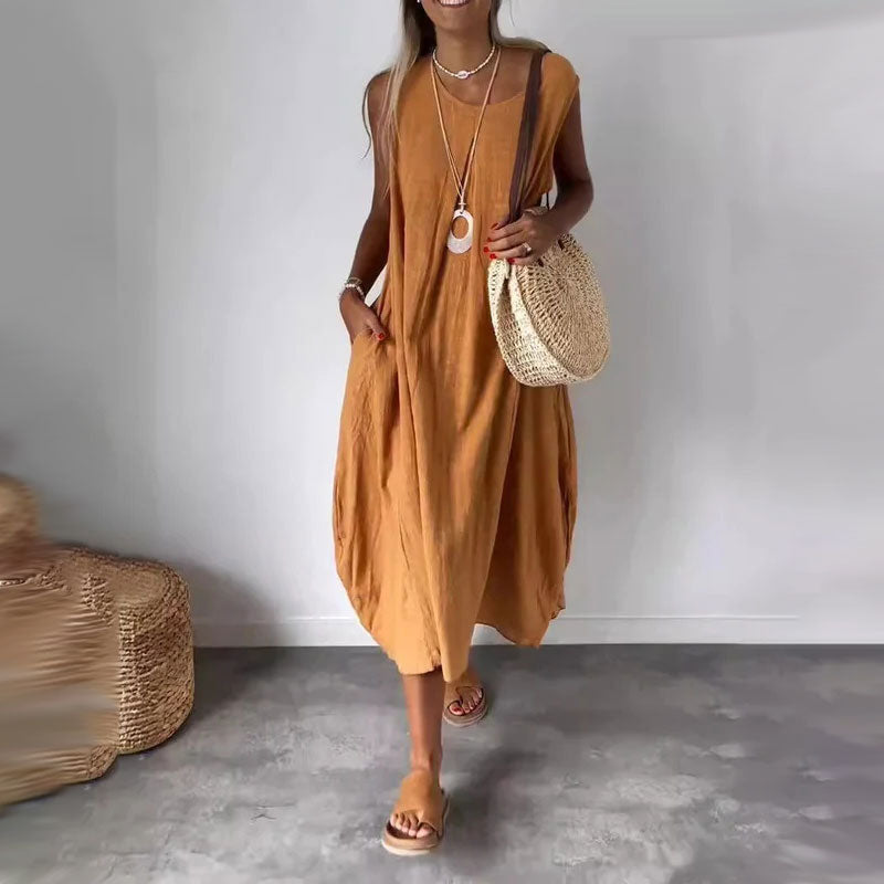 Abito casual senza maniche in cotone e lino con tasca