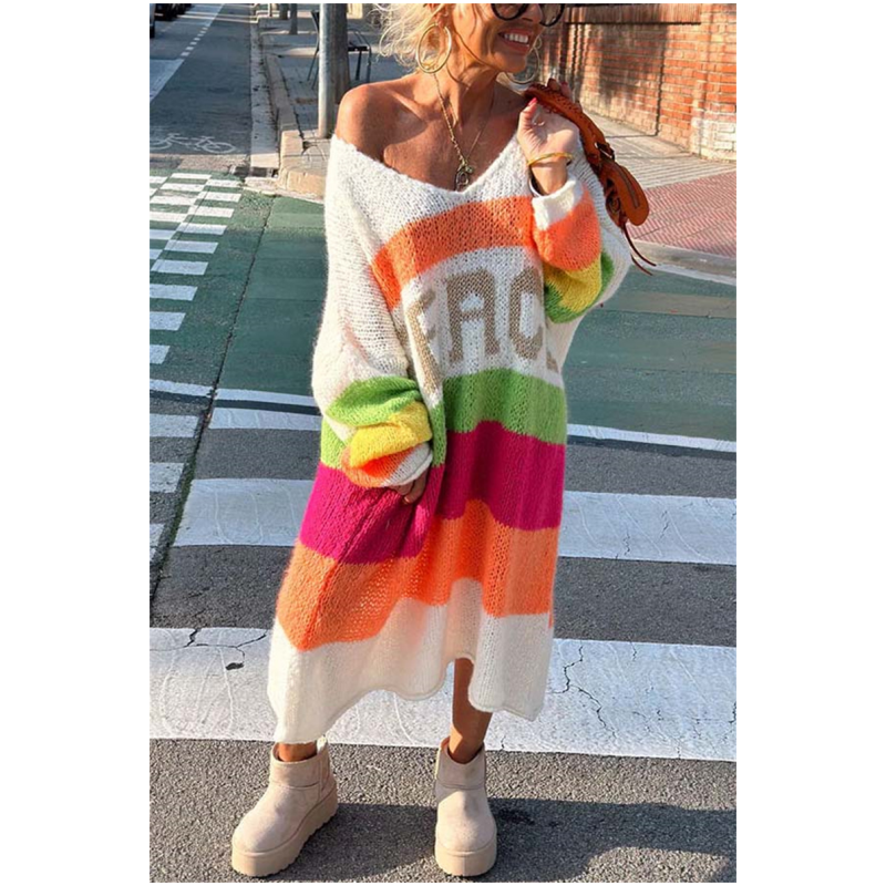 📦Consegna gratuita📦Vestito a blocchi di colore con scollo a V e stampa di lettere