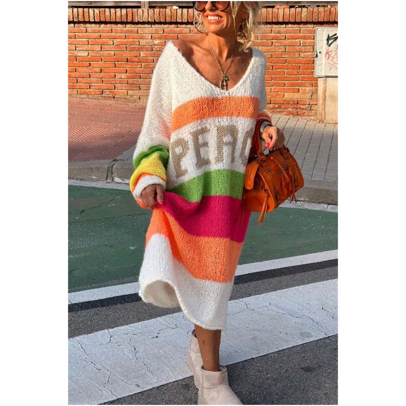 📦Consegna gratuita📦Vestito a blocchi di colore con scollo a V e stampa di lettere