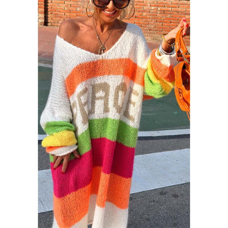 📦Consegna gratuita📦Vestito a blocchi di colore con scollo a V e stampa di lettere