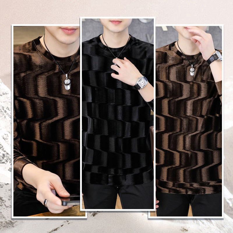 Maglia Uomo a Collo Rotondo con Stampa Onde a Maniche Lunghe
