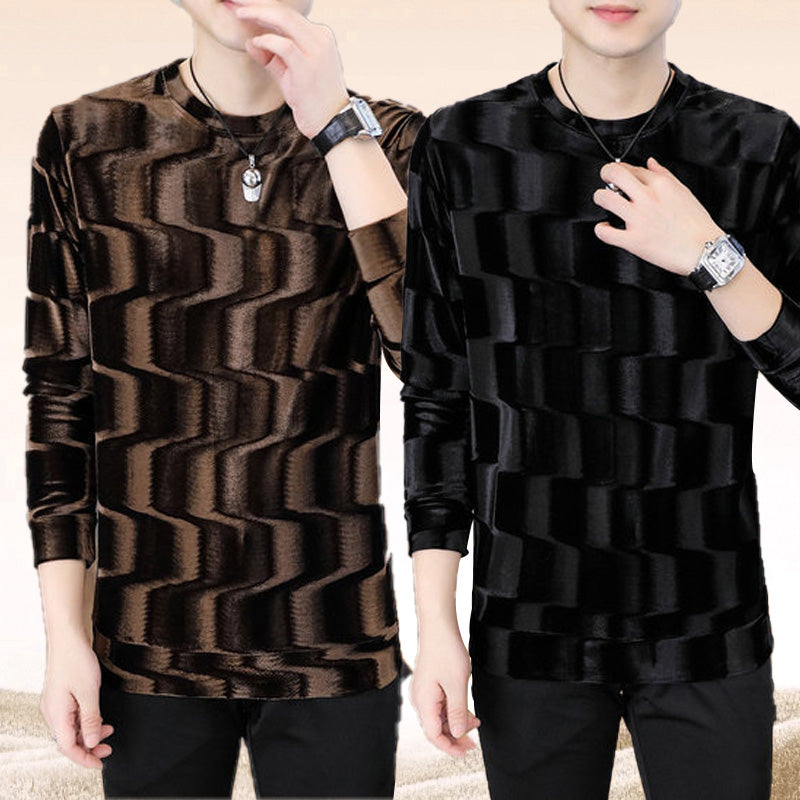 Maglia Uomo a Collo Rotondo con Stampa Onde a Maniche Lunghe