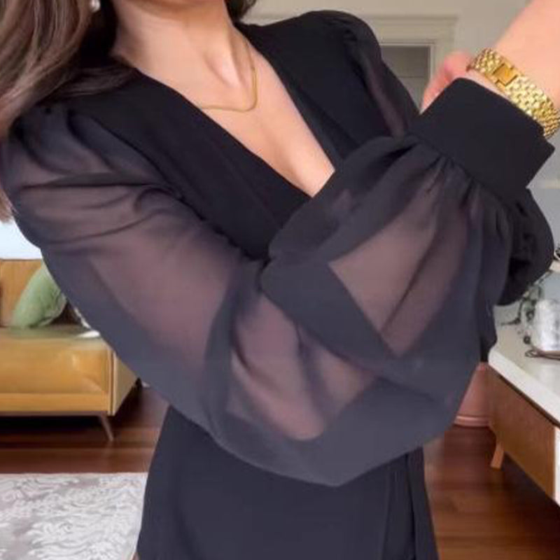 Abiti eleganti da donna con scollo a V e manica lunga a lanterna in rete
