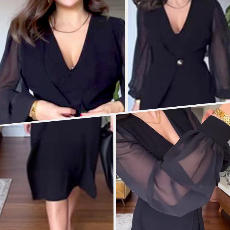 Abiti eleganti da donna con scollo a V e manica lunga a lanterna in rete