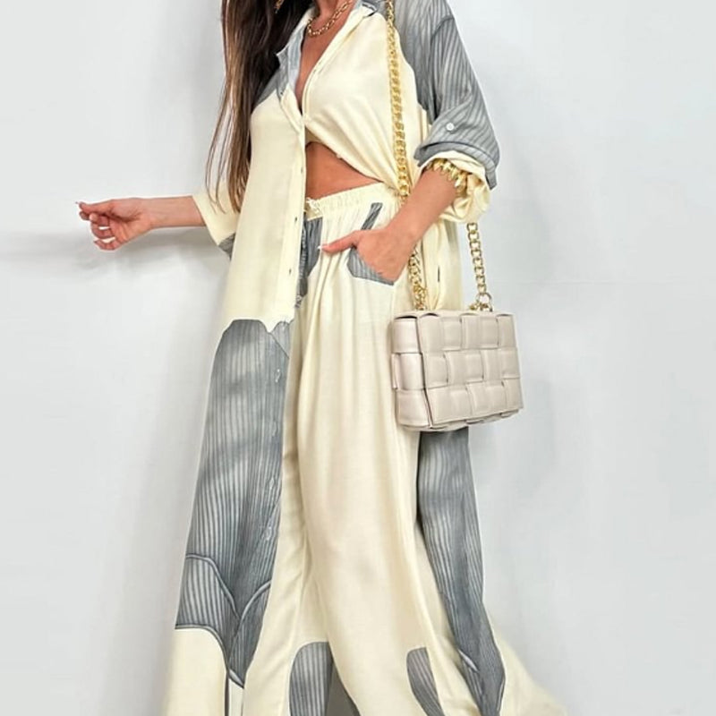 ✈️Spedizione gratuita✨-Set Camicia Lunga con Bottoni e Pantaloni con Coulisse