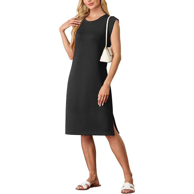 ⏳Sconto del 50% a tempo limitato💥Abito midi sciolto con scollo rotondo, spacco e tasche per donna