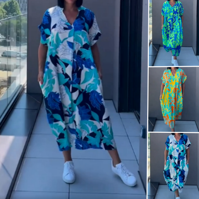 Abito da Donna Casuale Elegante Stampato con Scollo a V