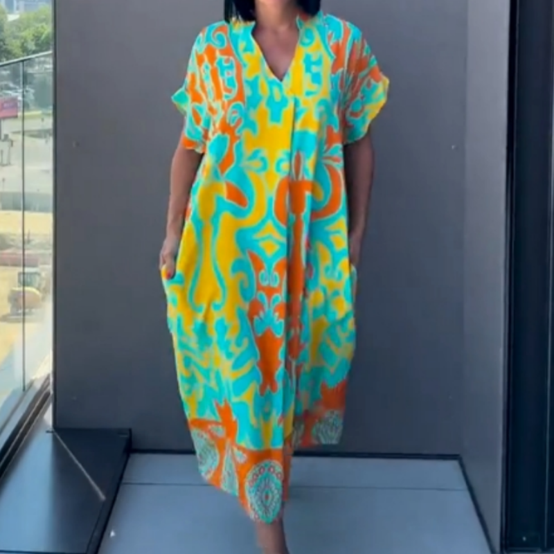 Abito da Donna Casuale Elegante Stampato con Scollo a V