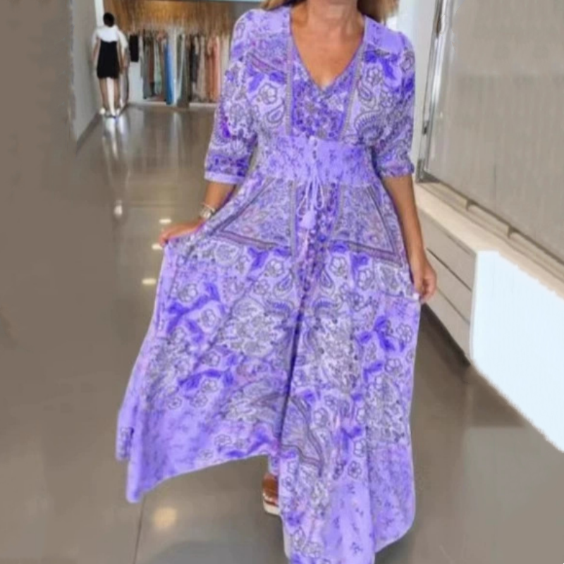Abito lungo elegante con stampa floreale e cordoncino da donna
