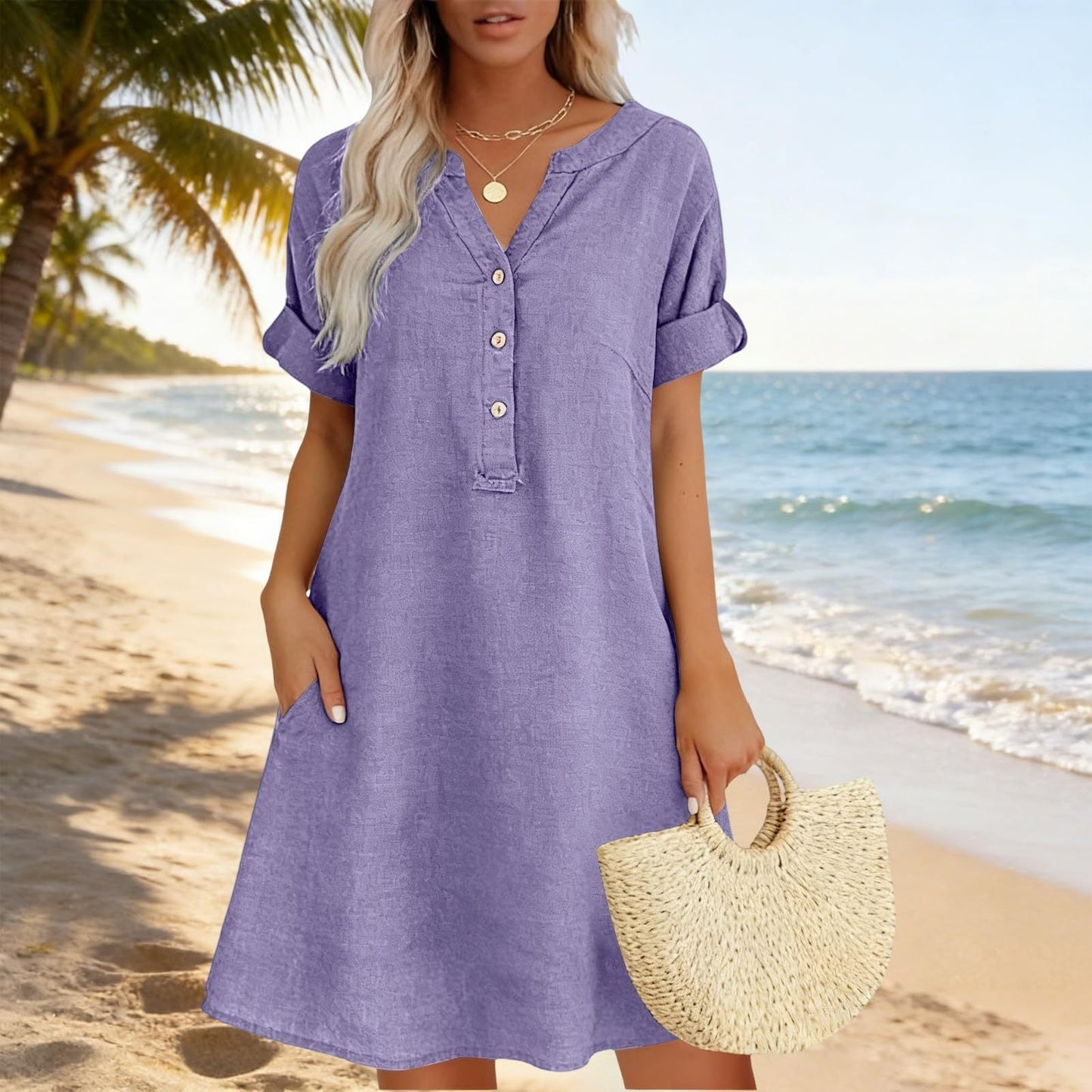 🏖️ 50 % DE RÉDUCTION POUR UNE DURÉE LIMITÉE ! 👗 Robe-tunique à col en V pour femme – Coupe ample, poches et tissu respirant