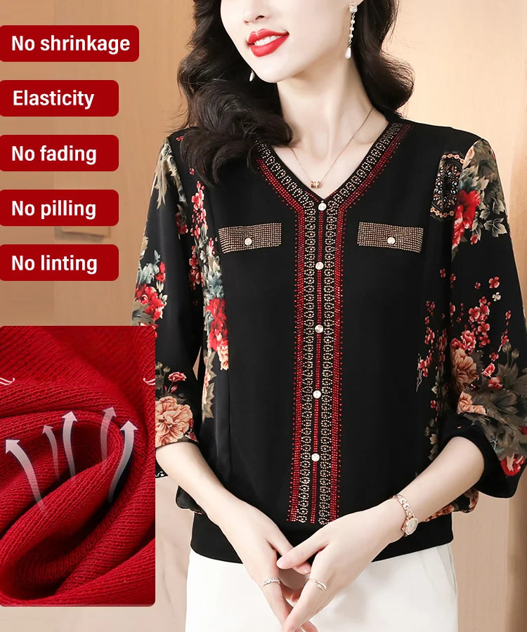 Top elegante con scollo a V impreziosito da strass per l'autunno