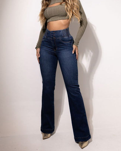 Jean Évasé Taille Haute en Stretch – Silhouette Allongée, Confort Extensible & Look Élégant Toute la Journée 👖✨
