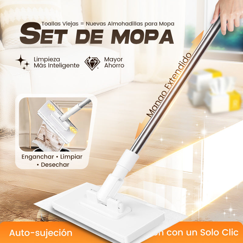 💥Fregona antipolvo desechable con 4 paños reutilizables.