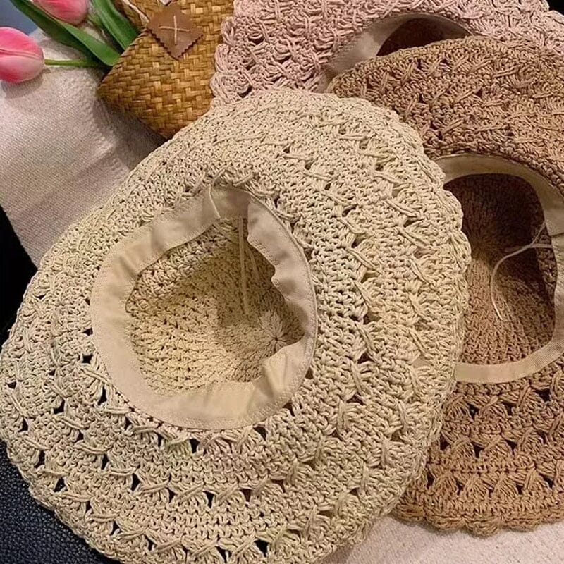 👒Elegante cappello di paglia all'uncinetto con dettaglio volant