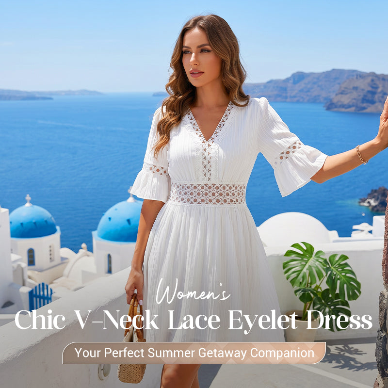 👗 PROMO LIMITÉE -50% ! ✨ Chic V-Neck Dress with Lace Cutout Details – Pleated Skirt, Flutter Sleeves, Breathable Fabric, 5 Colors, Sizes S-XL 🌸