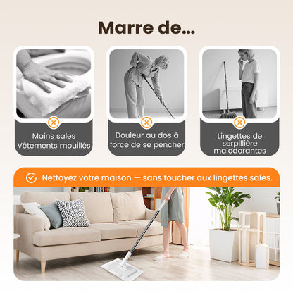 🧹 Serpillère Réutilisable – Pince Biomimétique Auto-Serrante, Manche Télescopique 100 cm, Rotation 360° & Écologique (Multi-Surfaces) !