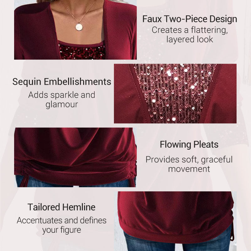 ✨👗Top Smockato Finto Due Pezzi con Paillettes e Largo - Elegante e Versatile, Comodo e Formoso, Sprizza Fascino Femminile!