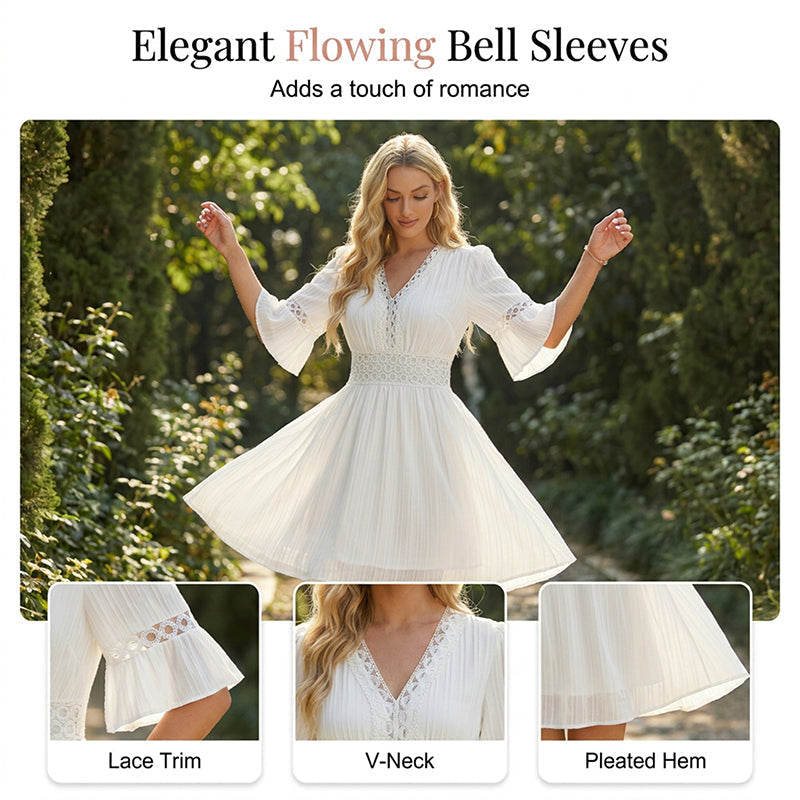 👗 PROMO LIMITÉE -50% ! ✨ Chic V-Neck Dress with Lace Cutout Details – Pleated Skirt, Flutter Sleeves, Breathable Fabric, 5 Colors, Sizes S-XL 🌸