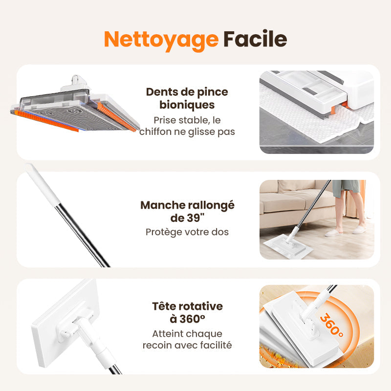 🧹 Serpillère Réutilisable – Pince Biomimétique Auto-Serrante, Manche Télescopique 100 cm, Rotation 360° & Écologique (Multi-Surfaces) !