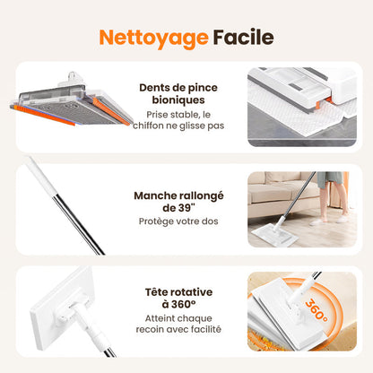 🧹 Serpillère Réutilisable – Pince Biomimétique Auto-Serrante, Manche Télescopique 100 cm, Rotation 360° & Écologique (Multi-Surfaces) !