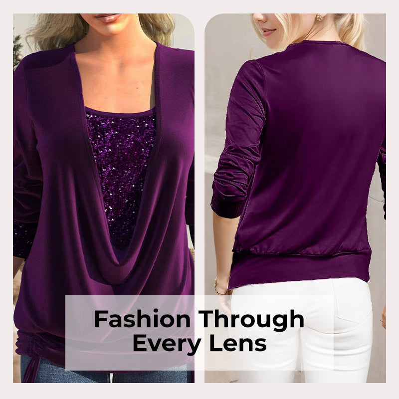 ✨👗Top Smockato Finto Due Pezzi con Paillettes e Largo - Elegante e Versatile, Comodo e Formoso, Sprizza Fascino Femminile!