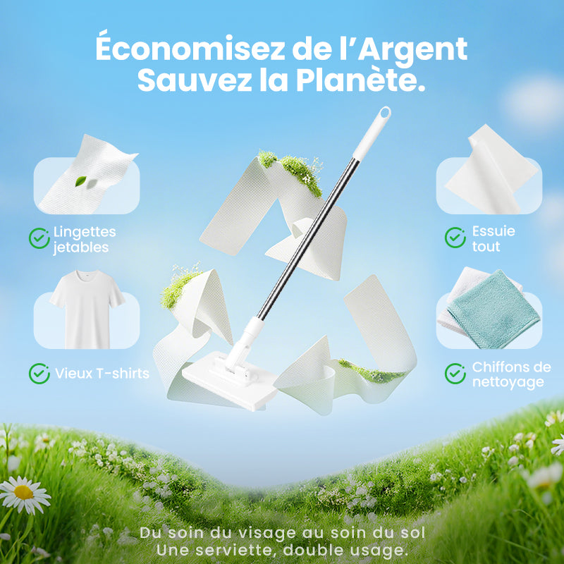 🧹 Serpillère Réutilisable – Pince Biomimétique Auto-Serrante, Manche Télescopique 100 cm, Rotation 360° & Écologique (Multi-Surfaces) !