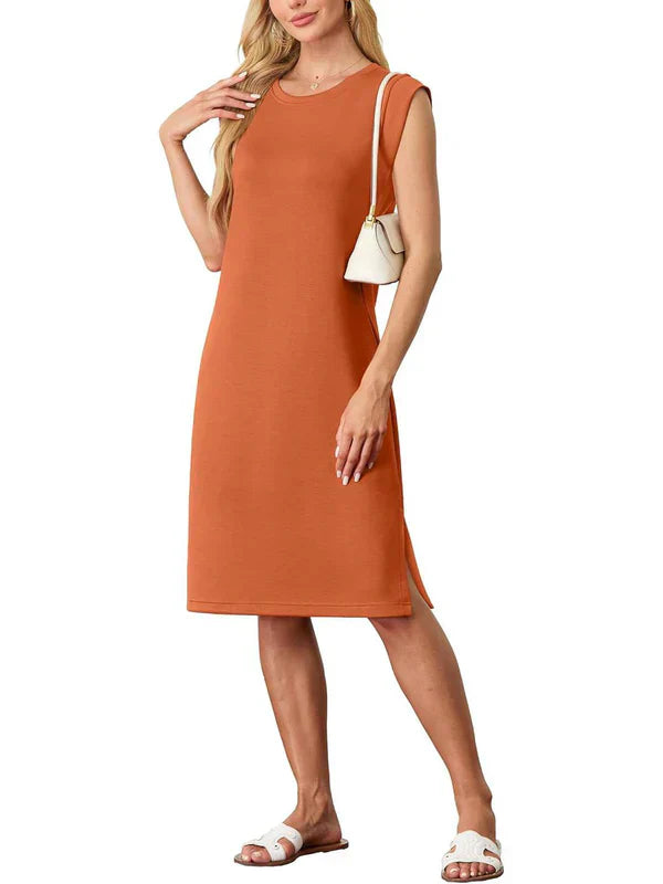 ⏳Sconto del 50% a tempo limitato💥Abito midi sciolto con scollo rotondo, spacco e tasche per donna