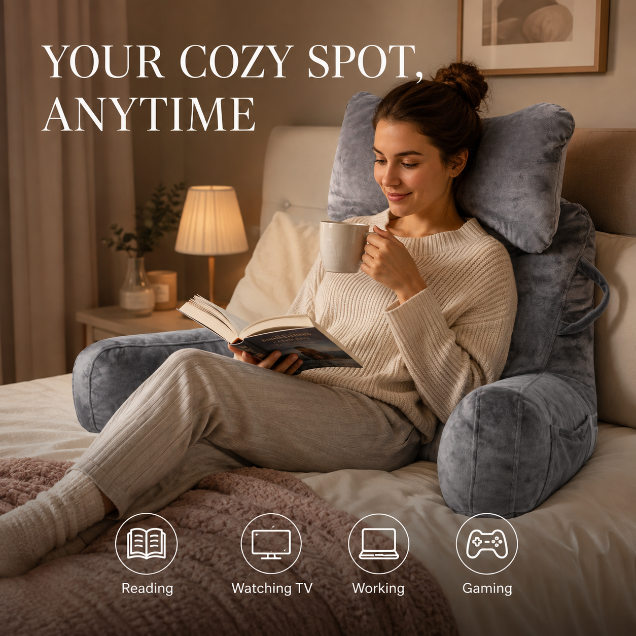 🛋️50 % DE RÉDUCTION EN CE MOMENT ! Oreiller multifonctionnel pour le dos, idéal pour la lecture au lit — Coussin de soutien lombaire en velours doux avec accoudoirs et poche latérale, parfait pour lire, jouer, travailler et regarder la télévision au li