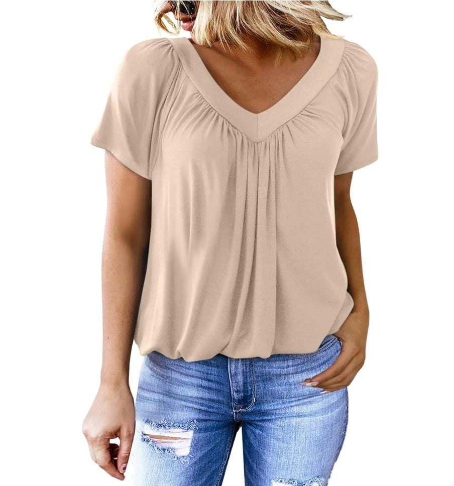 🎁Vendita calda 50% di sconto🌷Top donna casual plissettato con scollo a V e maniche corte