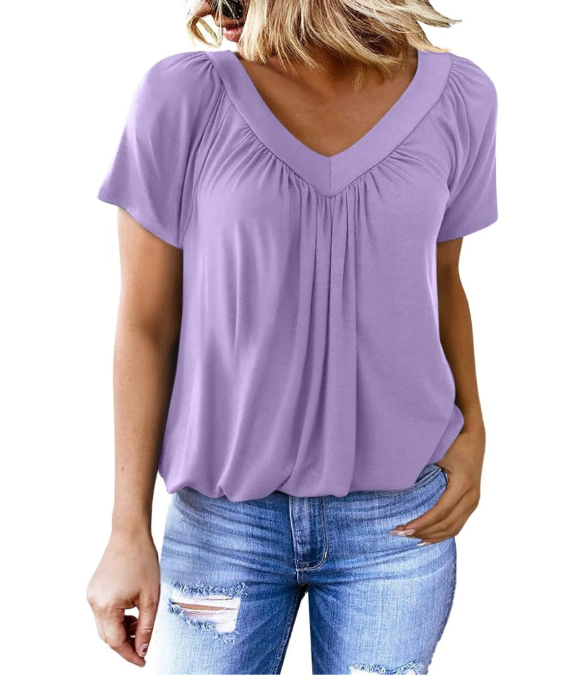 🎁Vendita calda 50% di sconto🌷Top donna casual plissettato con scollo a V e maniche corte