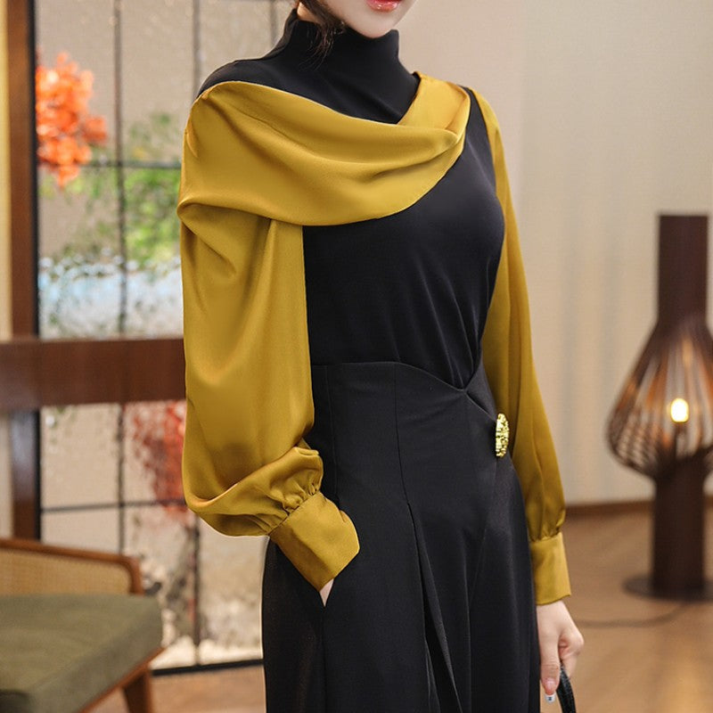 [Regalo per Donne] Maglia a Manica Lunga con Collo Alto e Design a Blocchi di Colore