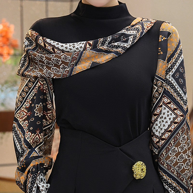 [Regalo per Donne] Maglia a Manica Lunga con Collo Alto e Design a Blocchi di Colore