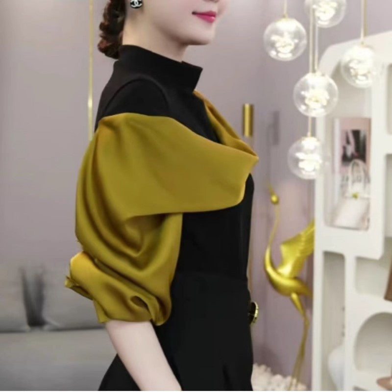 [Regalo per Donne] Maglia a Manica Lunga con Collo Alto e Design a Blocchi di Colore