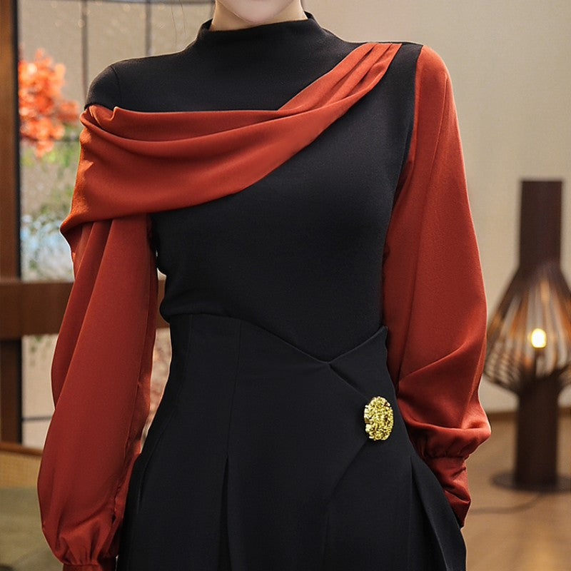 [Regalo per Donne] Maglia a Manica Lunga con Collo Alto e Design a Blocchi di Colore