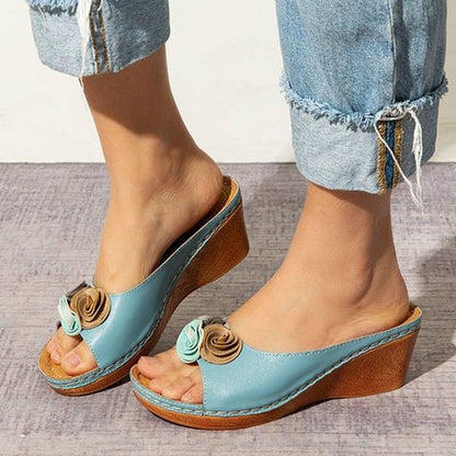 Womens Comfy Leather Solid Flower Strap Wedge Sandals