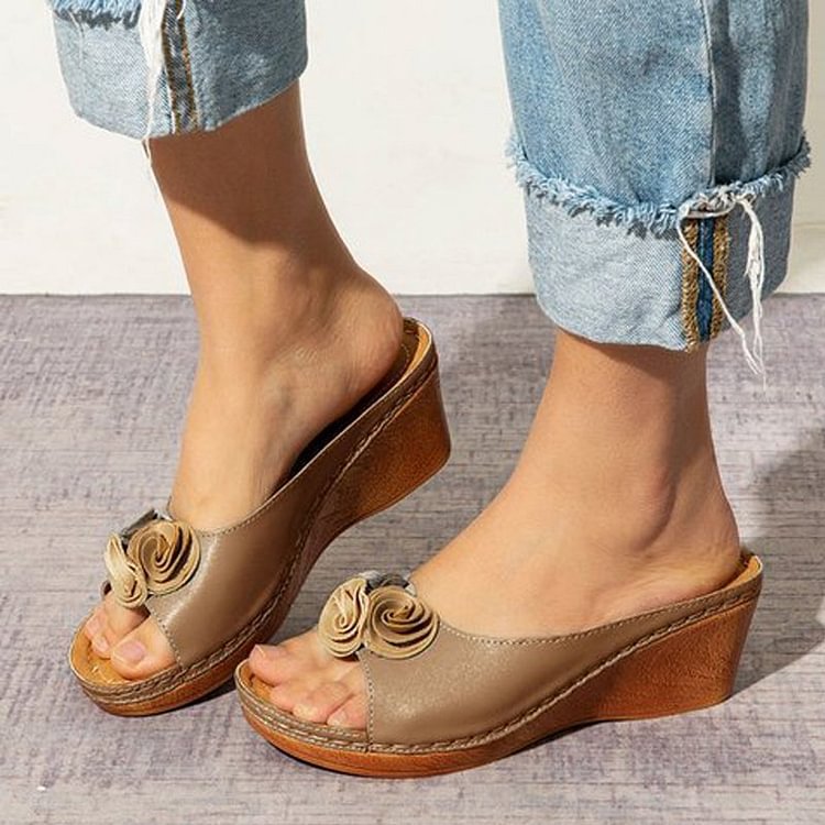 Womens Comfy Leather Solid Flower Strap Wedge Sandals