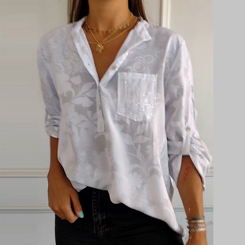 👚Top con scollo a V stampato e mezzo bottone (Acquista 2 e ricevi la consegna gratuita)