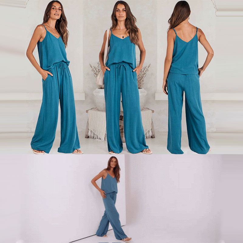 Casual Suspender Wide Leg Pants Suit