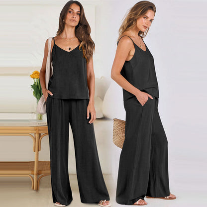 Casual Suspender Wide Leg Pants Suit