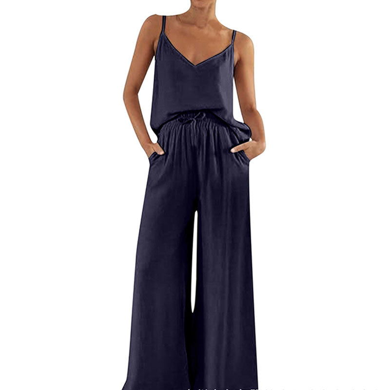 Casual Suspender Wide Leg Pants Suit