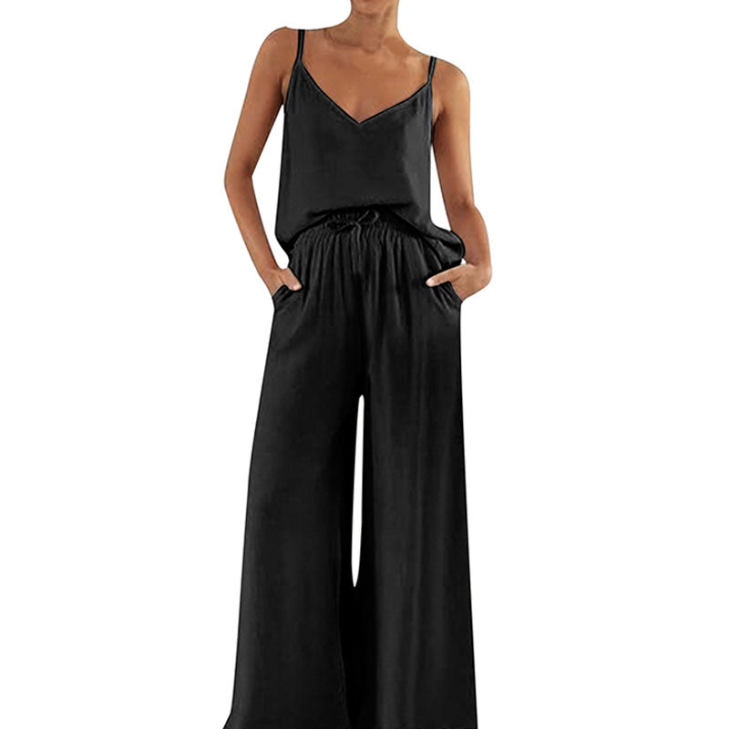 Casual Suspender Wide Leg Pants Suit